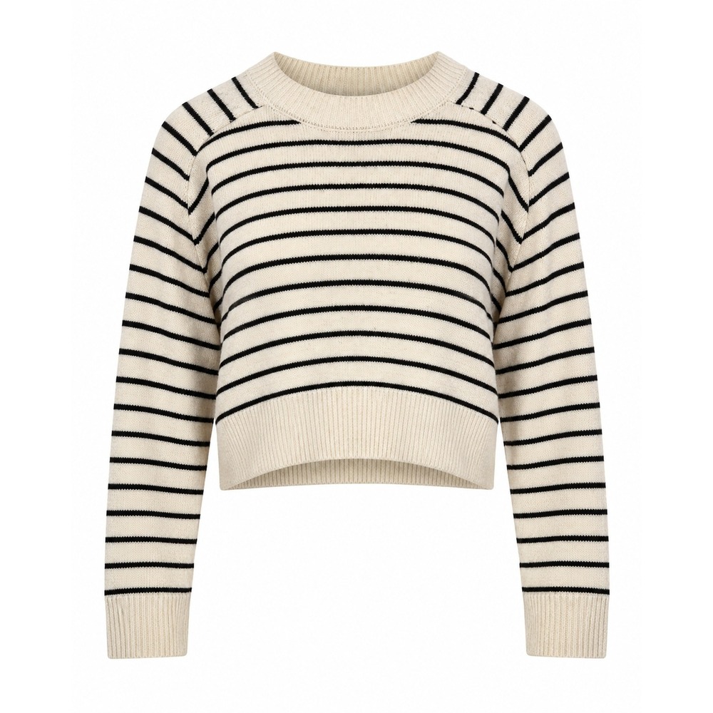 Zara Womens Striped Cropped Knit Sweater Cream Black Crew Neck Size M 3519/040